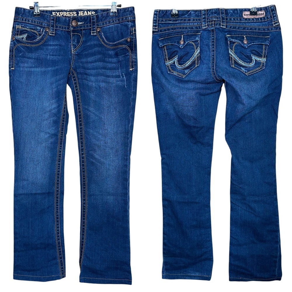 Express Bootcut Cotton Blend Lowrise Embroidered Lightly Distressed Boot Jeans 2